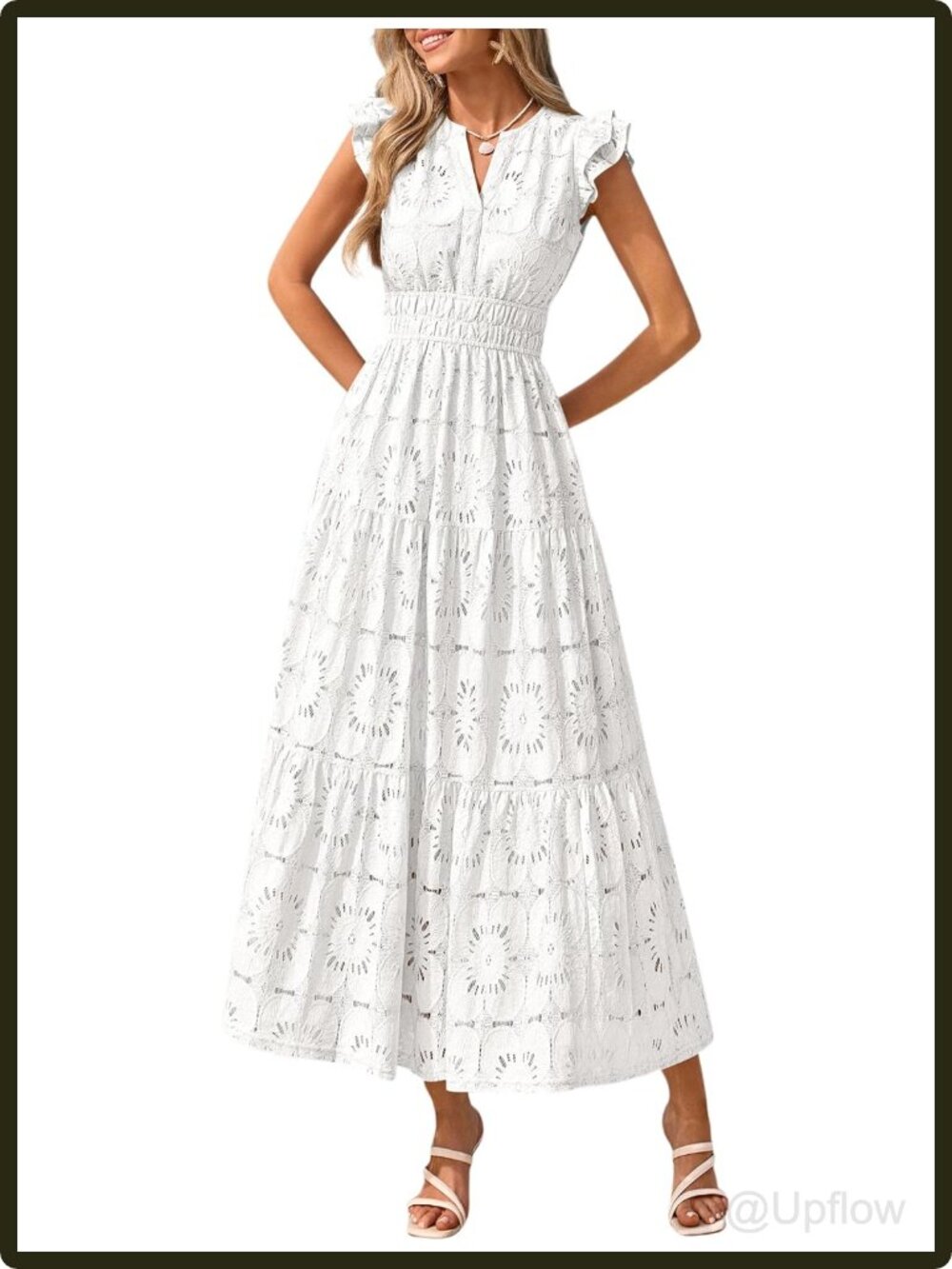 Women's Eyelet Boho Maxi Dress Flutter Sleeve V-Neck Fit and Flare Tiered Summer